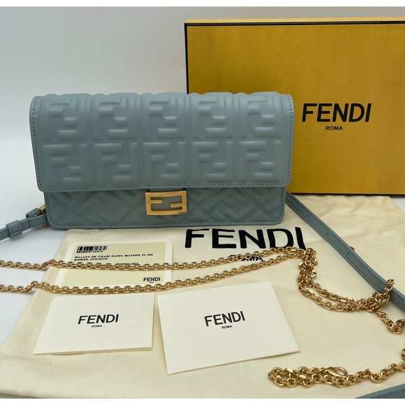BRAND NEW FENDI LEATHER NAPPA FF BLUE BAGUETTE CHAIN BAG PURSE BOX NIB! - Picture 4 of 16